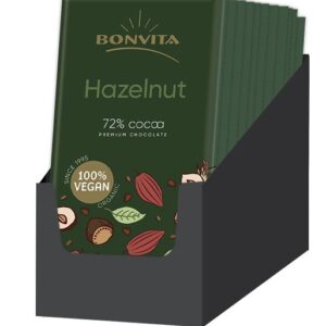 Description: Dark chocolate with no less than 72% cocoa solids. A dark chocolate bar with 10% hazelnuts. Definitely suitable for vegans. Ingredients: cocoa mass*°, cane sugar*°, cocoa butter*°, fat reduced cocoa powder*°, HAZELNUTS*(10%), emulsifier: sunflower lecithin*. *=from organic agriculture. °=Fair trade ingredient. Cocoa: 72% at least. May contain traces of nuts and dairy.
